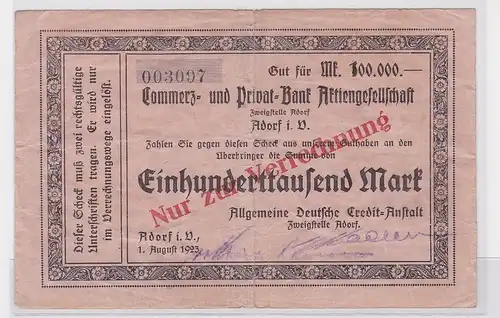100000 Mark Banknote ADCA Adorf im Vogtland 1.08.1923 (118847)