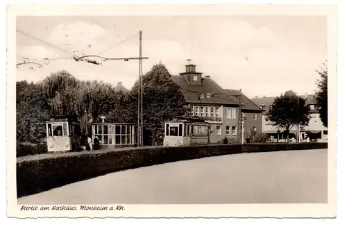 69629 AK Monheim am Rhein Partie am Rathaus mit Strassenbahnen 1957