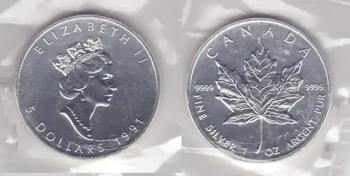 5 Dollar Silber Münze Canada Kanada Maple Leaf 1991 (118339)