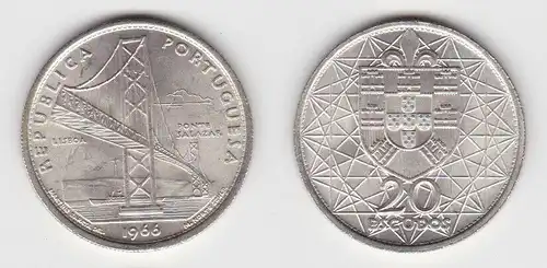 20 Escudos Silber Münze Portugal Salazar Brücke 1966 vz/Stgl. KM 592 (141808)