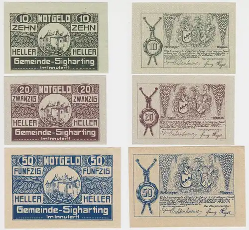 10,20 und 50 Heller Banknoten Notgeld Gemeinde Sigharting 1920 (154723)