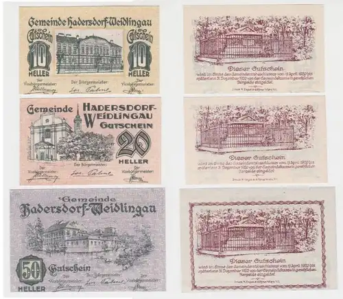 10,20 und 50 Heller Banknoten Notgeld Hadersdorf Weidlingau 1920 (154501)