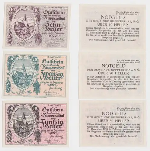 10,20 und 50 Heller Banknoten Notgeld Gemeinde Ruppersthal 1920 (154624)