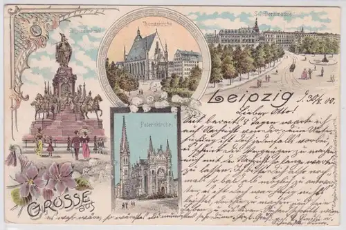 36814 Ak Lithographie Gruß aus Leipzig Peterskirche, Schillerstraße 1906
