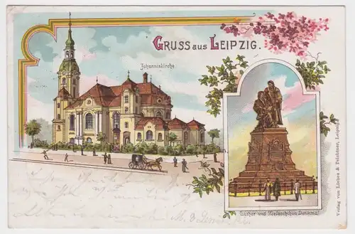 02517 Ak Lithographie Gruß aus Leipzig Johanneskirche, Lutherdenkmal 1912