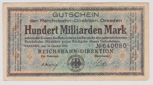 100 Milliarden Mark Banknote Dresden Reichsbahndirektion 26.10.1923 (101068)