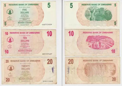 5, 10 und 20 Dollar Banknote Reserve Bank of Zimbabwe Simbabwe 2007 (154760)