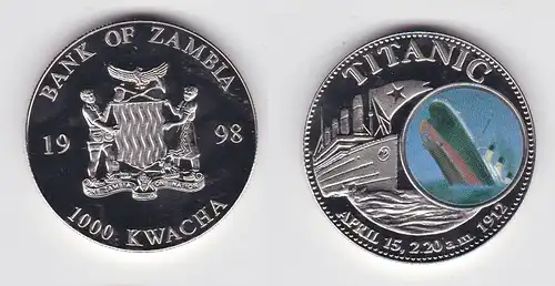 1000 Kwacha Farb Münze Sambia Zambia 1998 Titanic Stgl. (140951)