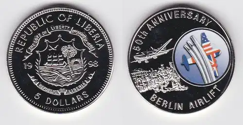 5 Dollar Nickel Farb Münze Liberia 1998 50.Jahrestag Luftbrücke Berlin (142364)