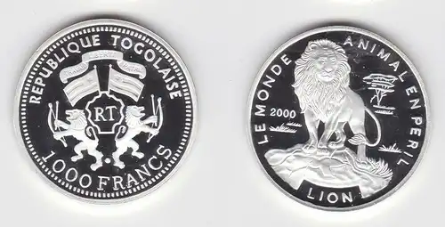1000 Francs Silber Münze Togo 2000 Löwe PP (143655)