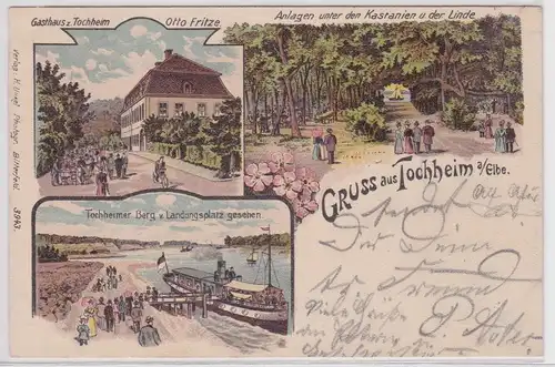 09895 Ak Lithographie Gruß aus Tochheim an der Elbe Gasthaus usw. 1904