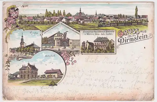 36230 Ak Lithographie Gruß aus Dirmstein Bahnhof, Kirche usw. 1899