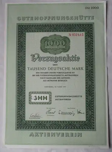 1000 Mark Vorzugsaktie Gutehoffnungshütte Aktienverein Nürnberg 1975 (152516)