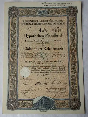 100 RM Pfandbrief Rheinisch-Westfälische Boden-Credit-Bank Köln 1938 (150456)