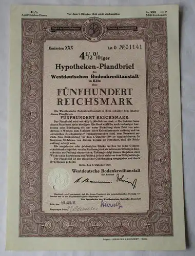 500 RM Pfandbrief Westdeutsche Bodenkreditanstalt Köln 1. Oktober 1939 (153951)
