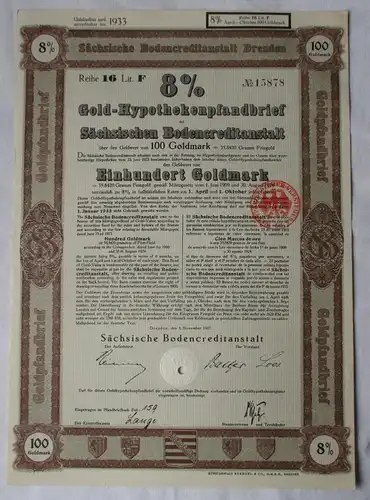 100 Goldmark Pfandbrief Sächsische Bodencreditanstalt Dresden 1927 (159671)