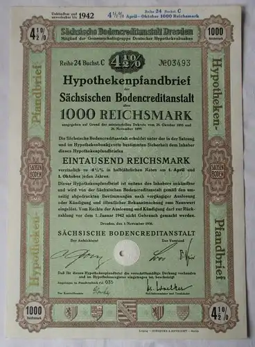 1000 RM Schuldverschreibung Sächsische Bodencreditanstalt Dresden 1936 (107403)