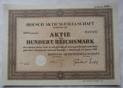 100 Reichsmark Aktie Hoesch AG Dortmund Januar 1943 (100593)