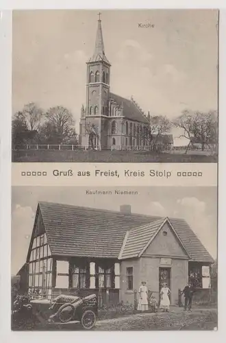 21159 Mehrbild Ak Gruß aus Freist Kreis Stolp in Pommern Kirche, Kaufmann Nieman