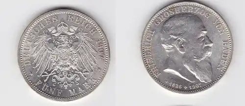 5 Mark Silbermünze Baden Friedrich auf den Tod 1907 J. 37 vz+ (117043)