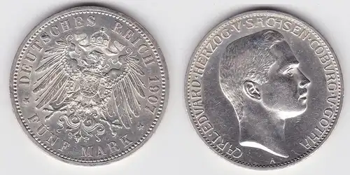 5 Mark Silbermünze Sachsen Coburg Gotha 1907 Jäger 148 vz+ (119956)