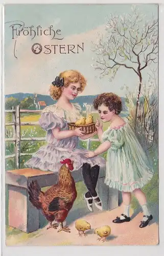 39505 Präge AK Fröhliche Ostern 2 Mädchen mit Kücken im Korb 1908
