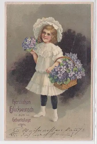 06261 Präge AK Glückwunsch zum Geburtstage Kind mit Vergißmeinnichtkorb 1909