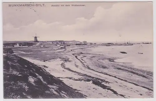99980 Ak Munkmarsch Sylt Ansicht mit Windmühle und Wattenmeer 1910