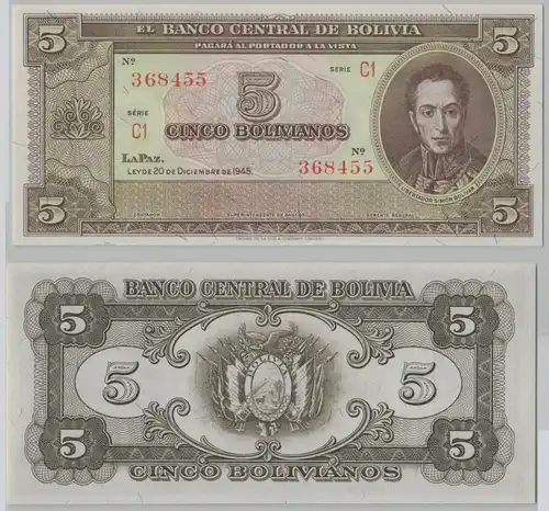 5 Bolivianos Banknote Bolivien Bolivia 1945 P138 UNC (148202)