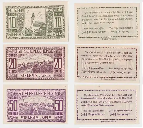 10,20 und 50 Heller Banknoten Notgeld Gemeinde Steinhaus bei Wels 1920 (154708)