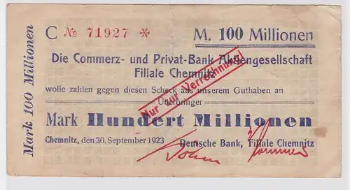 100 Millionen Mark Banknote Chemnitz Commerz & Privat Bank 19.09.1923 (122440)