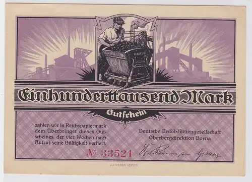 100000 Mark Banknote Deutsche Erdöl AG Oberbergdirektion Borna um 1923 (121132)