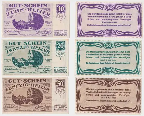 3 Banknoten 10 bis 50 Heller Notgeld Marktgemeinde Erlauf (143180)