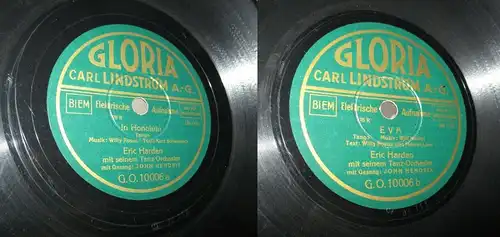 156139 Schellackplatte Gloria Eva + In Honolulu / Eric Harden mit Tanz-Orchester