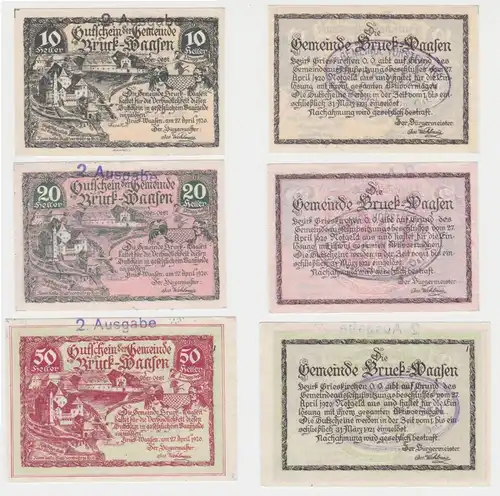 3 Banknoten 10 bis 50 Heller Notgeld Gemeinde Bruck-Waasen 1920 (154014)