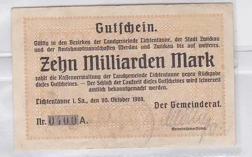 10 Milliarden Mark Banknote Gemeinde Lichtentanne 20.10.1923 (118748)