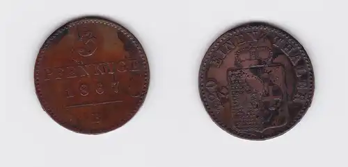 3 Pfennige Kupfer Münze Waldeck und Pyrmont 1867 B (116842)