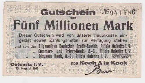 5 Millionen Mark Banknote Ölsnitz im Vogtl. Koch & te Kock 23.8.1923 (113006)