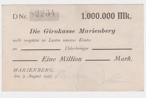 1 Million Mark Banknote Girokasse Marienberg 9.August 1923 (114352)