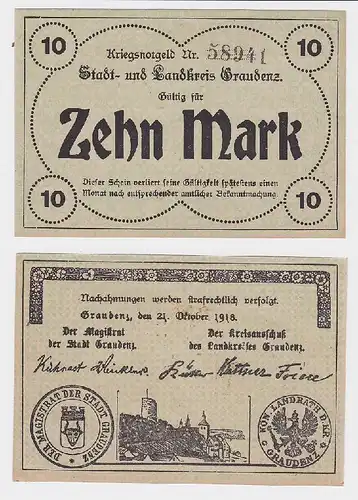 10 Mark Banknote Notgeld der Stadt & Landkreis Graudenz 21.10.1918 (118671)