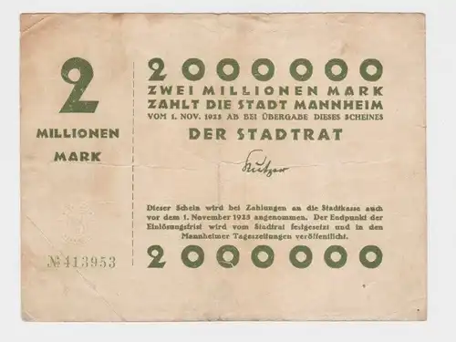 2 Millionen Mark Banknote Inflation Stadt Mannheim 1923 (153593)