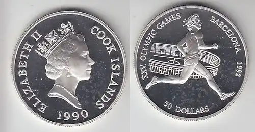 50 Dollar Silbermünze Cook Inseln Olympia Barcelona Marathonläufer 1990 (116491)