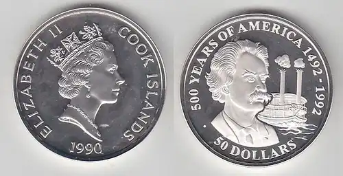 50 Dollar Silbermünze Cook Inseln 500 Jahre Amerika, Dampfer Mark Twain (116529)