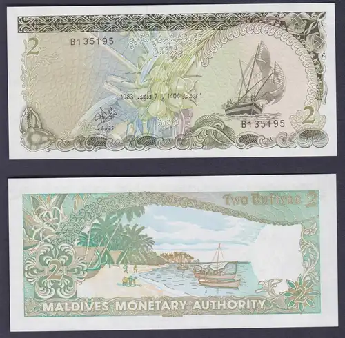 2 Rufiyaa Banknote Malediven 1983 P 9 kassenfrisch UNC (156490)