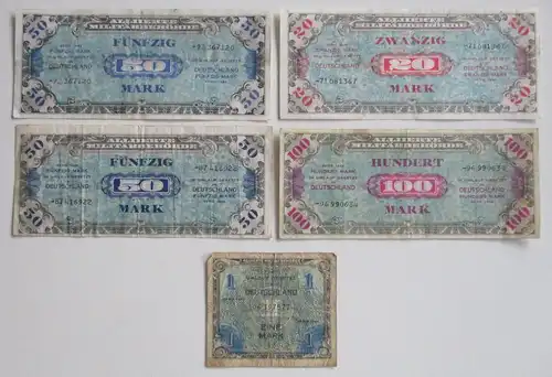 5 Banknoten 1 bis 100 Mark alliierte Besatzung 1944 (129407)