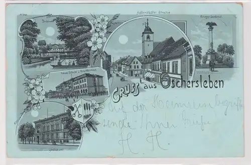 900947 Mehrbild Ak Gruß aus Oschersleben Kriegerdenkmal, Krankenhaus usw. 1899