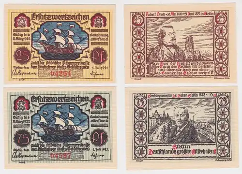 25,50 & 2 x 75 Pfennig Banknoten Ersatzwertzeichen Stadt Stettin 1921 (162063)
