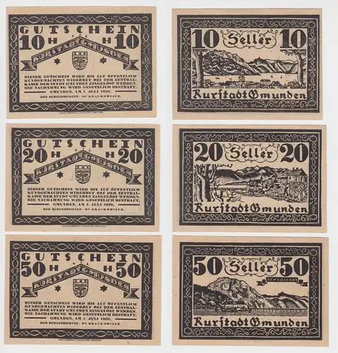 3 Banknoten 10 bis 50 Heller Notgeld Kurstadt Gmunden 1920 (140610)