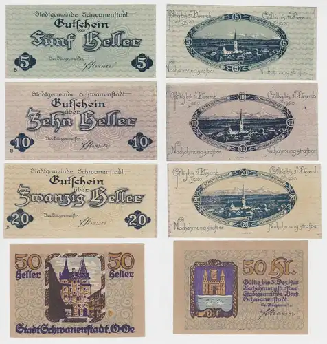 4 Banknoten 5 bis 50 Heller Notgeld Stadtgemeinde Schwanenstadt (140611)