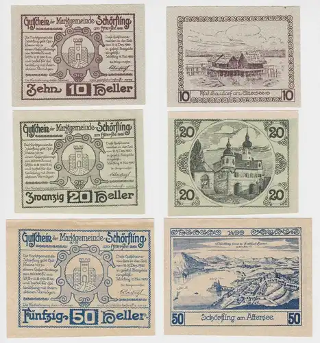 3 Banknoten 10 bis 50 Heller Notgeld Marktgemeinde Schörfling 1920 (144670)
